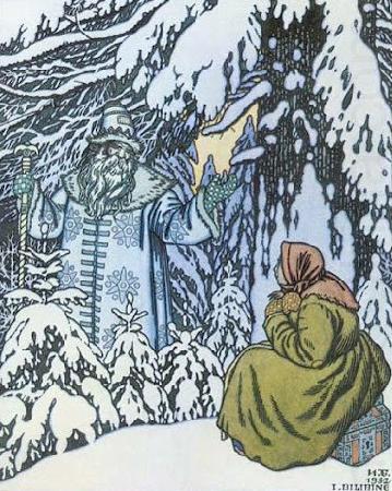 Father Frost and the step-daughter, illustration by Ivan Bilibin from Russian fairy tale Morozko, 1932, Ivan Bilibin